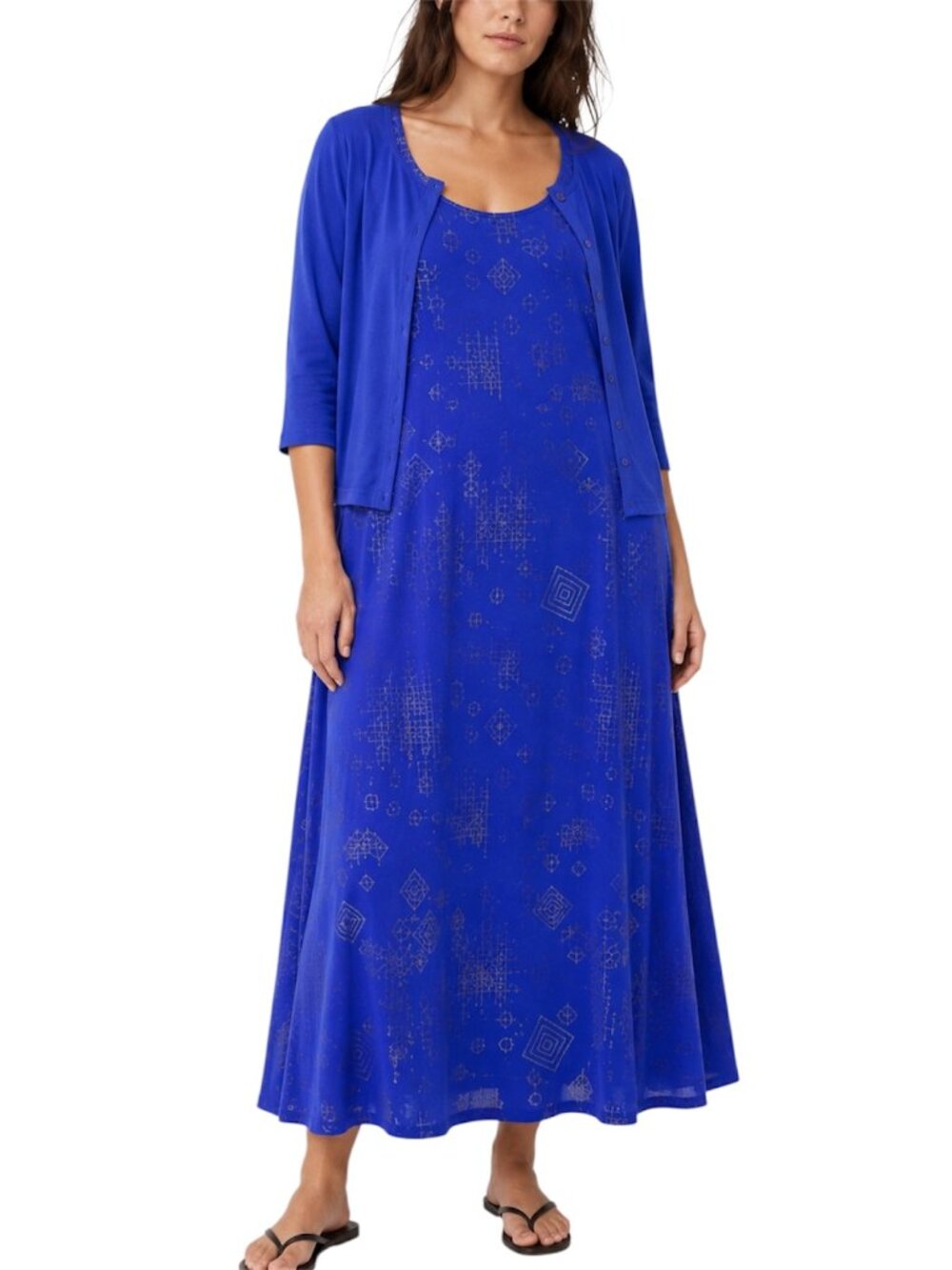 Vintage Cité Blue Mesh Sparkle Artwear Maxi Dress Cardigan Set XL